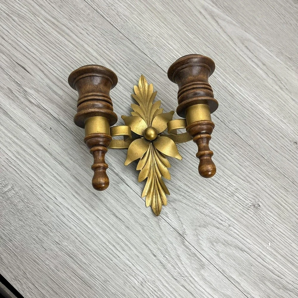 Solid‎ Wood and Brass Wall Sconce Candleholder - Vintage Hollywood Regency Decor